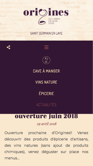 Closeup of mobile menu on website made for wine bar.