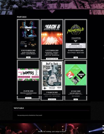 Past gigs page showing concert posters on band website.